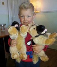 alfie holding german shepherd soft toys