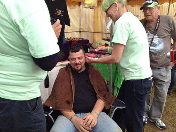 damon about to get his head shaved with michael looking on