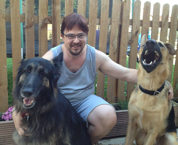 gsdr volunteer Damon with two of his german shepherds
