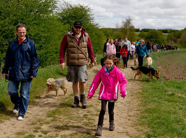 young girl out with her parents walking the dog