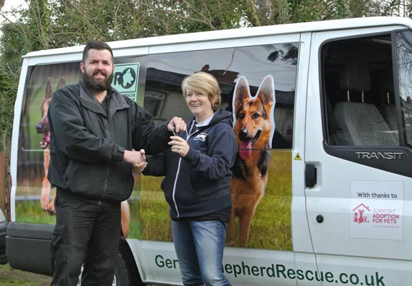 handing over the keys of the new GSDR van to our dog co-ordinator Julie